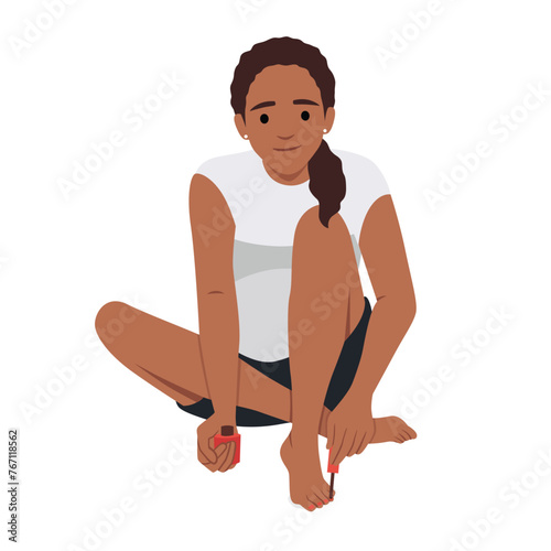 Beautiful woman applying nail polish on her toes. Flat vector illustration isolated on white background