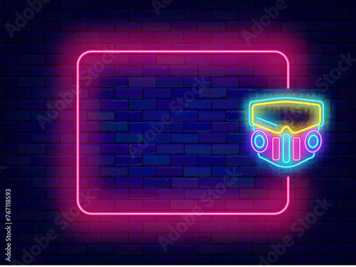 Neural network neon banner. Face mask protection. Gas respirator and empty pink frame. Futuristic technology. Artificial intelligence. Copy space. Glowing poster. Editable stroke. Vector illustration