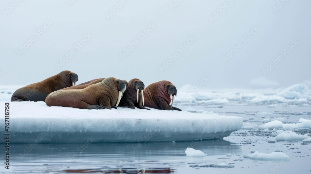 Fototapeta premium Group of walruses resting on a floating ice platform