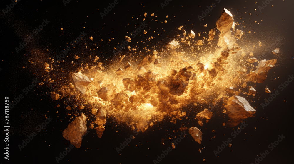 Massive rock explosion on black background Massive rock explosion on black background