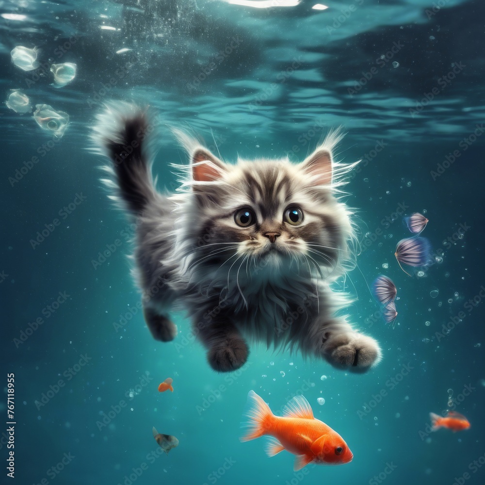 A cat chases a fish underwater.