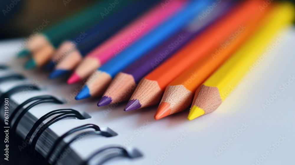 A row of colored pencils are lined up on a page of a spiral bound notebook. The pencils are of various colors, including red, blue, green, yellow, and purple. Concept of creativity and organization