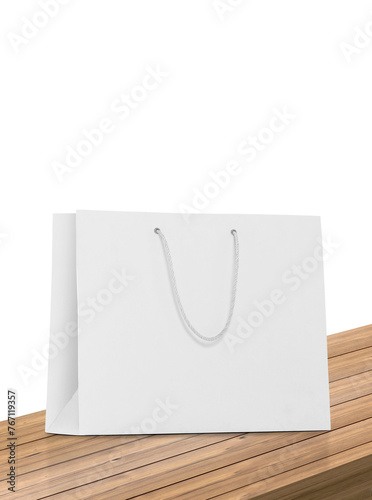 Empty shopping bags on wooden table, transparent background