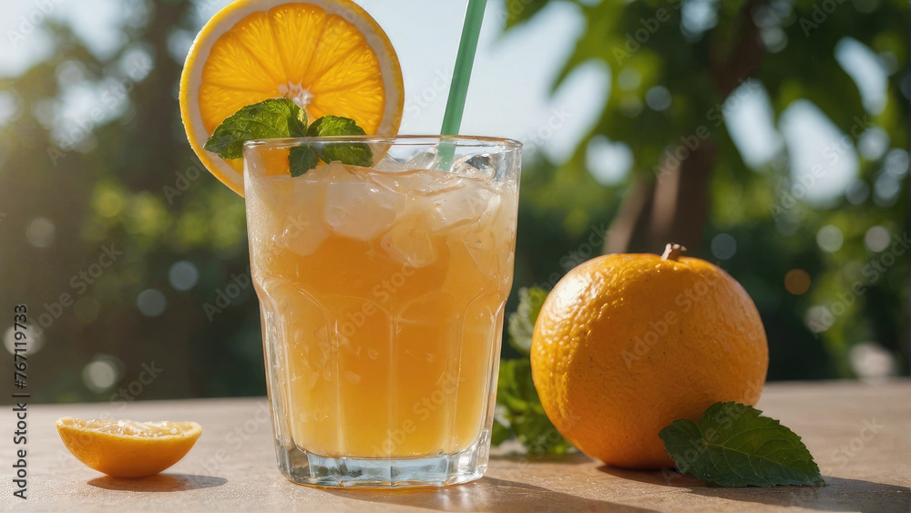 A glass of orange juice with a straw in it and a slice of orange on the side. The glass is on a table with a leafy green plant next to it A glass of orange juice with a straw in it and a slice of orange on the side. The glass is on a table with a leafy green plant next to it