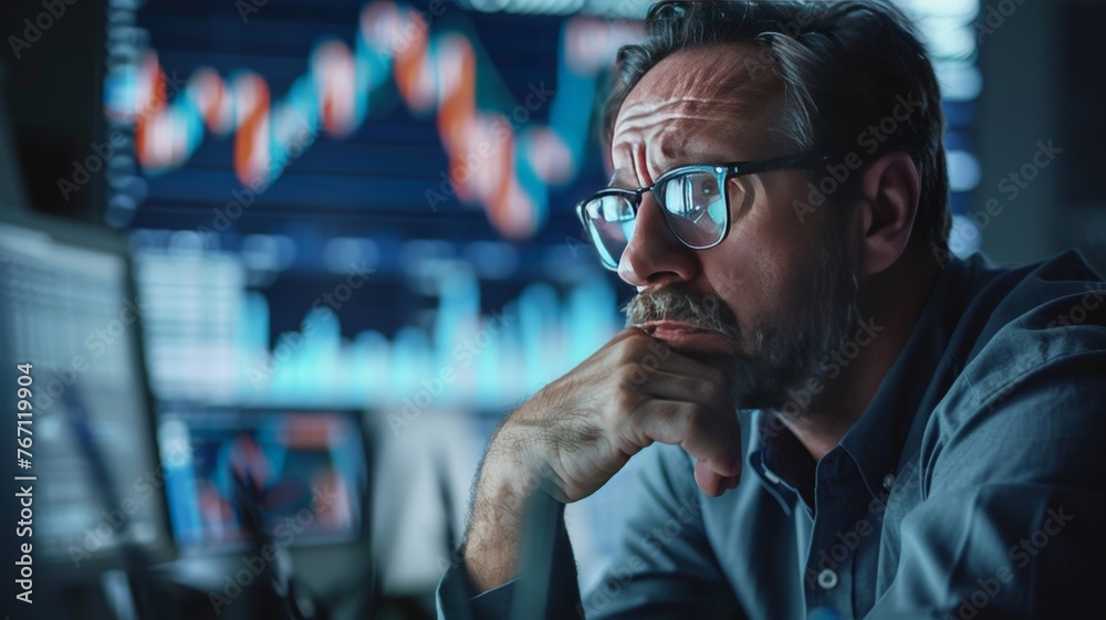 A middle-aged man sits stressed after being disappointed by the low price of the stock he bought. A middle-aged man sits stressed after being disappointed by the low price of the stock he bought.