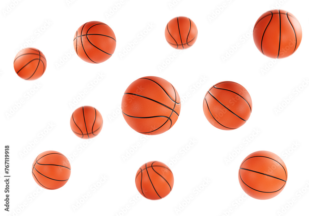 Flying basketball balls, transparent background