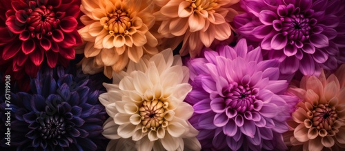 A closeup shot showcasing a variety of colorful flowers on a dark black background, highlighting the beauty and diversity of flowering plants and their vibrant petals © AkuAku