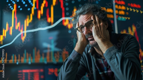 A middle-aged man sits stressed after being disappointed by the low price of the stock he bought. photo