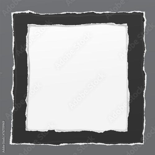 Black paper with torn square hole and soft shadow are on white squared background.
