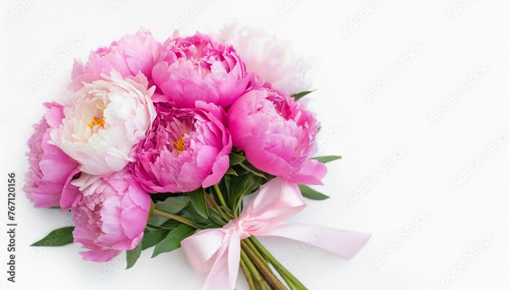 Bouquet of pink and white peonies on a white background

