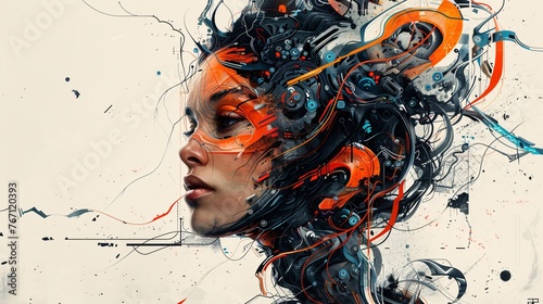 a surreal cyberpunk masterpiece with a woman's head, bursting with vibrant colors and intricate black-and-white details. Utilize three-dimensional effects to amplify the surrealism photo