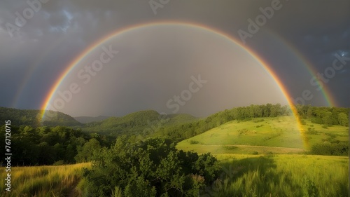 A vibrant rainbow arching over a lush valley after a passing storm