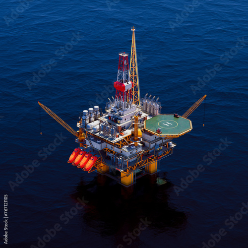 Isolated Offshore Oil Rig Amidst the Vast Blue Ocean: Aerial Perspective