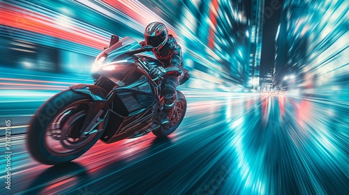 Speed-blur effect of a motorcycle racing through an illuminated city at night