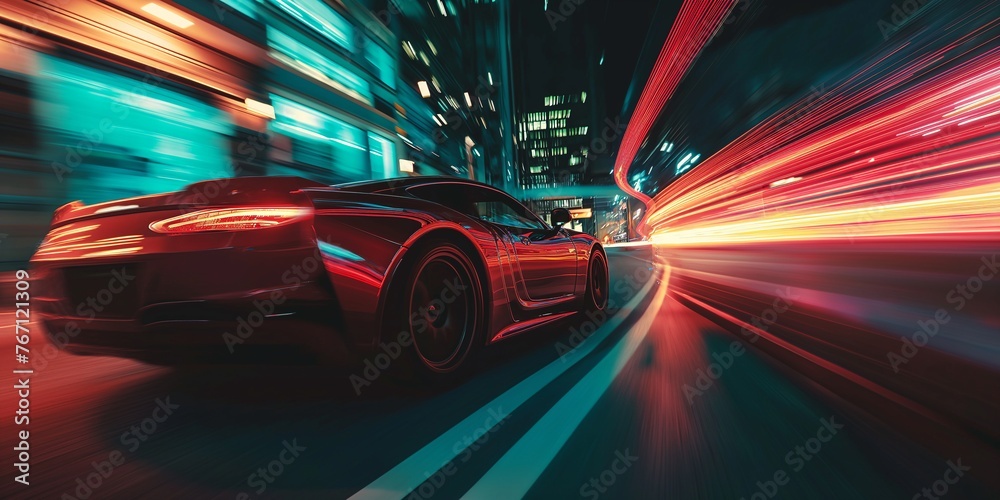 High-speed car in a dramatic cityscape blur, showcasing a sense of rapid movement and energy