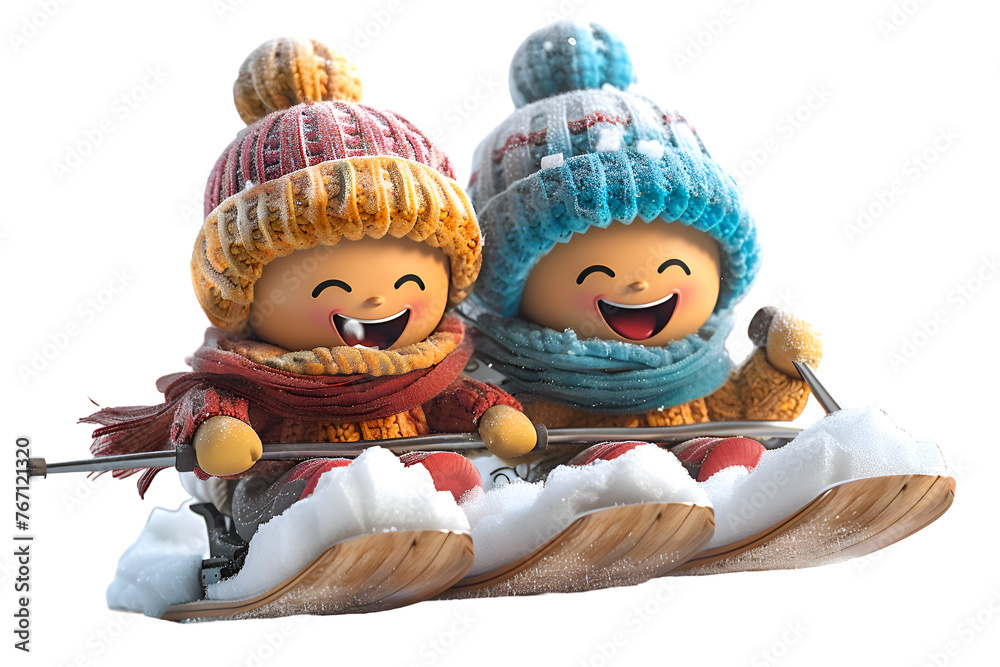 A joyful 3D cartoon render of happy characters riding a ski-draisine together.