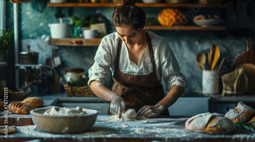 A Woman Makes Bread Dough in the Kitchen