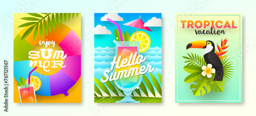 Set of tropical vacation and summer holidays design for posters or greeting card. Vector illustration.