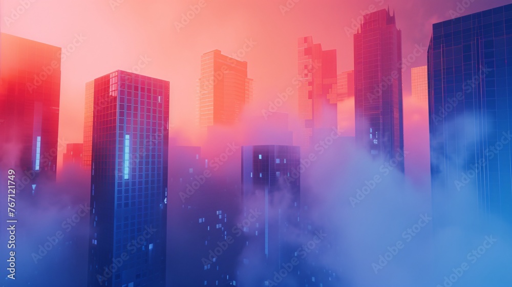  a blue abstract background with tall buildings in a cloud punk style. This is the first version designed in Blender, featuring a simple background with light red and orange hues - obrazy, fototapety, plakaty 