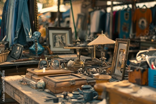 A table covered with a variety of antique items, showcasing vintage clothing, furniture, and collectibles for sale at a flea market