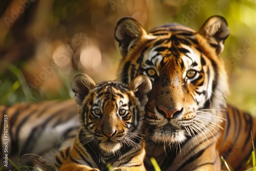 A pair of tigers laying down on a vibrant green field, surrounded by rich foliage