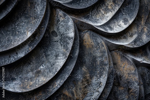 A close-up view showcasing a cluster of metal plates, displaying intricate patterns and textures