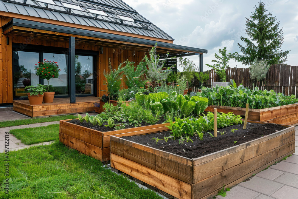 Raised garden beds filled with lush greenery in front of a rustic wooden house
