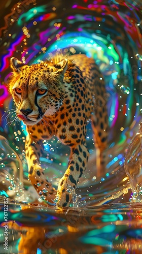 A cheetah in midleap, blending with colorful swirls of a wormhole
