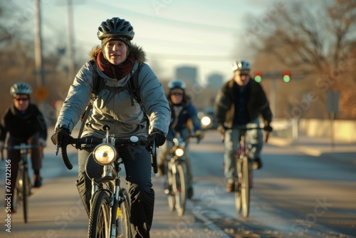 A group of individuals cycling down a street in an urban or suburban area