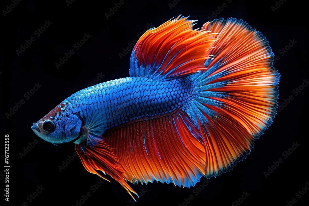 Siamese fish with flower tail and fins. Colorful floral fighting betta fish isolated on black. Amazing exotic floral tropical fish Siamese fish with flower tail and fins. Colorful floral fighting betta fish isolated on black. Amazing exotic floral tropical fish