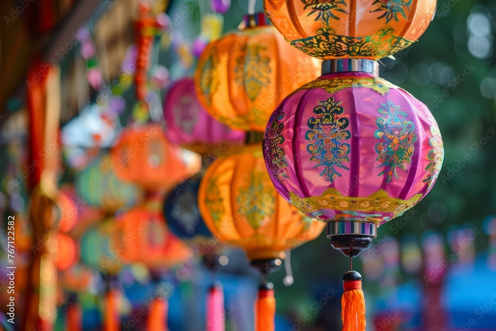 A row of vibrant Chinese lanterns hanging from a ceiling, adding a festive touch to the surroundings