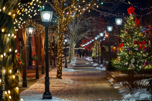 A street adorned with twinkling Christmas lights and decorated trees creating a cheerful holiday ambiance