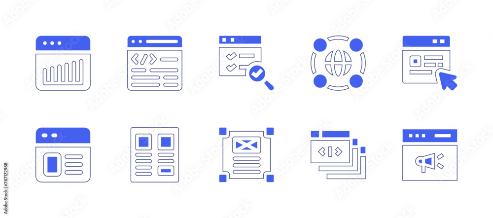 Website icon set. Duotone style line stroke and bold. Vector illustration. Containing coding, globe, audit, bar chart, website, wireframe, browser, content, landing page.