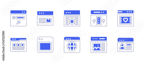 Website icon set. Duotone style line stroke and bold. Vector illustration. Containing web, web traffic, web coding, web browser, web design, website, web development.