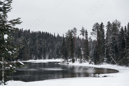 winter landscape of ice-free lake and green trees