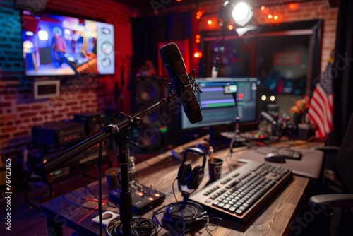A well-equipped recording studio featuring a microphone, keyboard, and monitor for podcast or music production