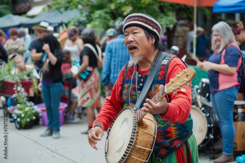A man in colorful attire energetically playing a musical instrument to entertain passersby on a busy street
