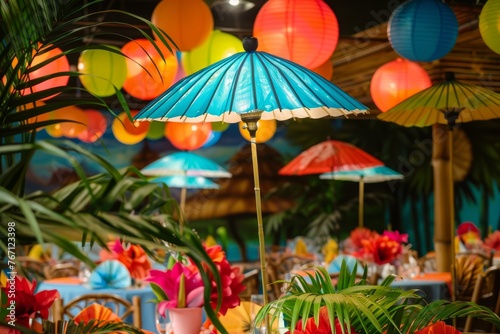 Various umbrellas arranged neatly on a table, part of themed party decorations for events like tropical luau or retro parties