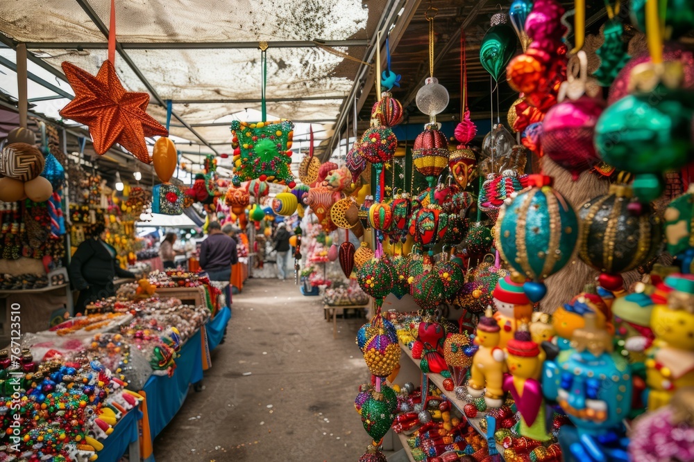 A vibrant market setting with numerous vendors offering a variety of colorful ornaments, creating a lively atmosphere