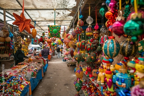 A vibrant market setting with numerous vendors offering a variety of colorful ornaments, creating a lively atmosphere