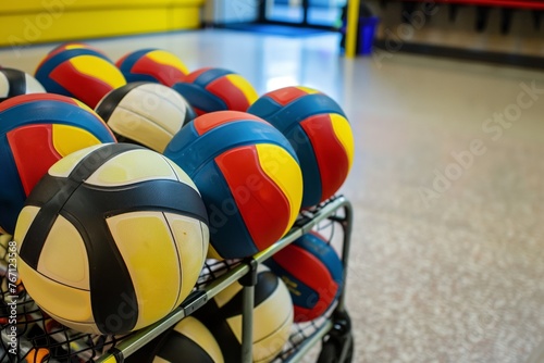 volleyballs neatly stacked on a wheeled cart