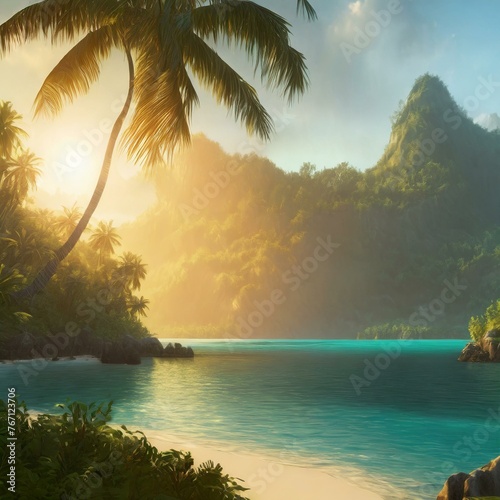 Painting style illustration of beautiful peaceful tropical ocean lagoon banner background