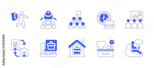 Work icon set. Duotone style line stroke and bold. Vector illustration. Containing goal, busy, training, job, international, work from home, hybrid work, working at home, work space, online work.
