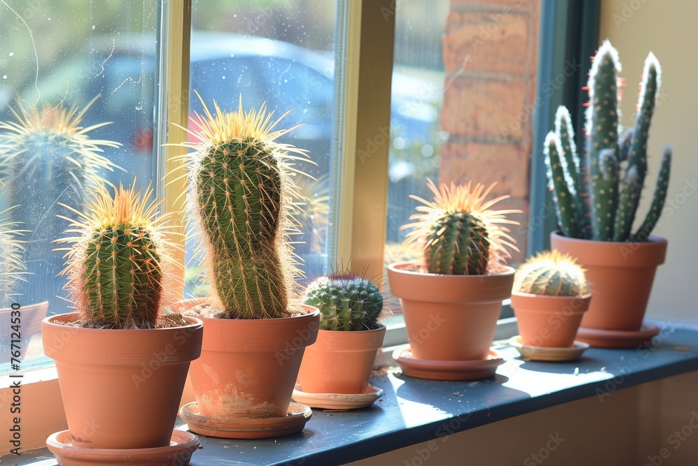 cacti in terracotta pots on a sunny windowsill cacti in terracotta pots on a sunny windowsill
