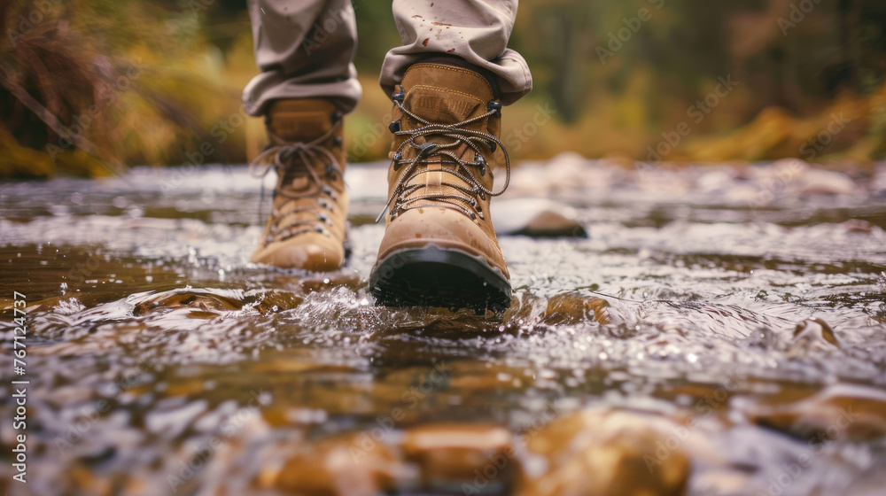 Close-Up of Hiking Boots Walking Through River Close-Up of Hiking Boots Walking Through River
