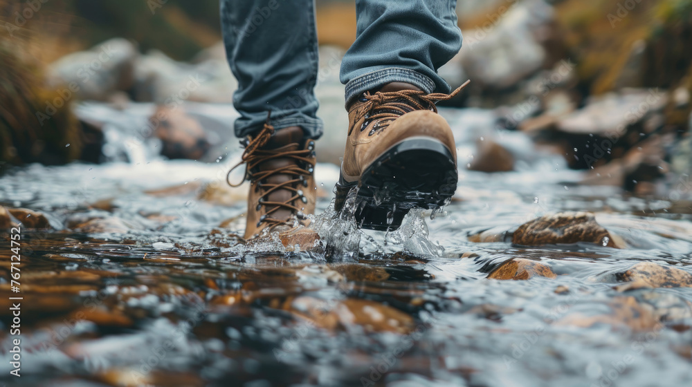 Close-Up of Hiking Boots Walking Through River Close-Up of Hiking Boots Walking Through River
