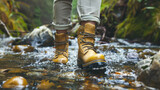 Close-Up of Hiking Boots Walking Through River