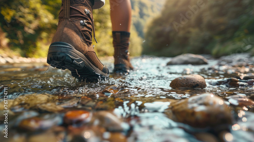 Close-Up of Hiking Boots Walking Through River © didiksaputra