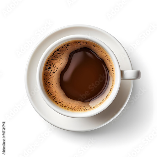 Top View of Fresh Coffee in White Cup Isolated on White Background
