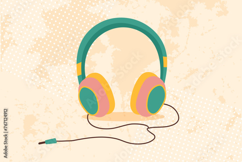 Vintage headphones in retro style. Vector flat hand drawn illustration.